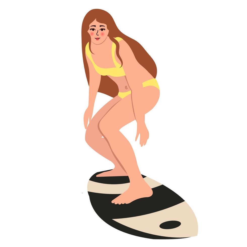 la mujer se para en una tabla de surf, aislada en un fondo blanco, ilustración vectorial. vector