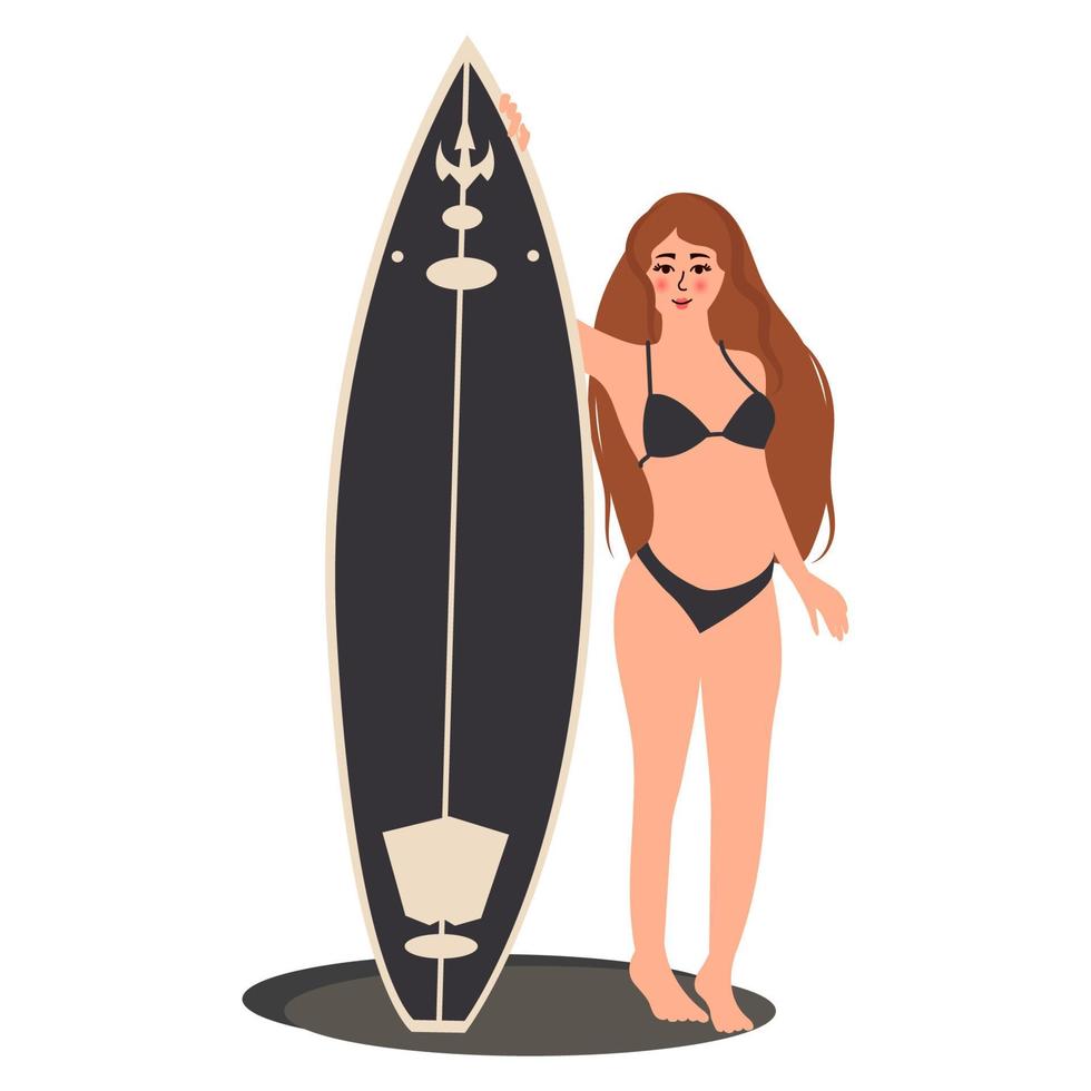 la mujer se para en una tabla de surf, aislada en un fondo blanco, ilustración vectorial. vector