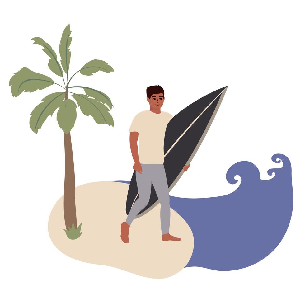 dark-skinned man with a surfboard in his hands stands on the beach next to the sea. isolated vector illustration.