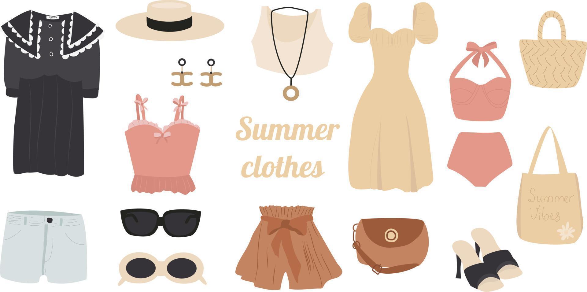 un conjunto de ilustraciones vectoriales de mujeres de verano es ropa de moda. una colección de ropa de moda para el ocio o la playa. zapatos elegantes de color, vestido, sombrero, gafas de sol, traje de baño. vector
