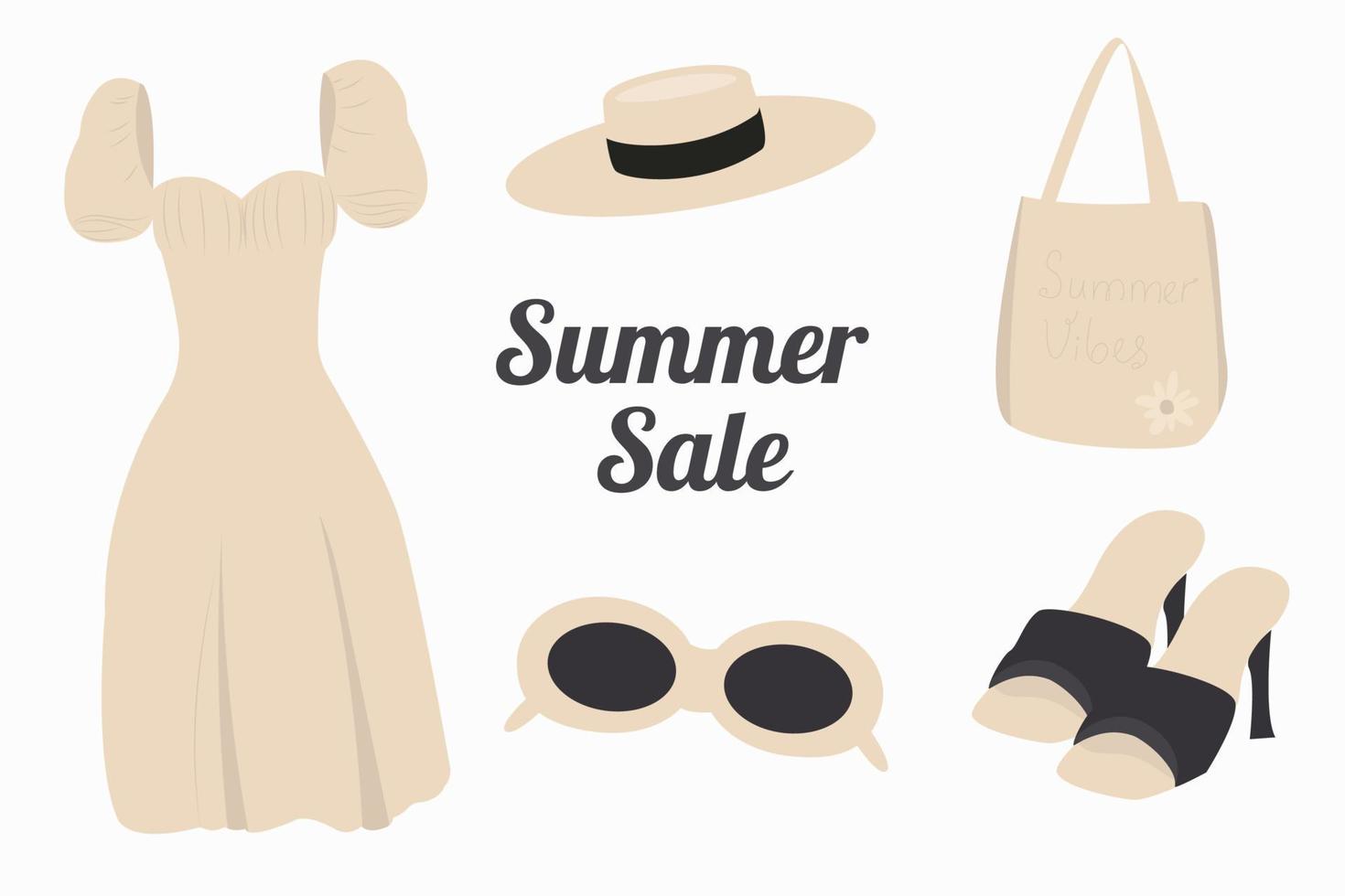 conjunto de ilustraciones vectoriales de ropa de moda femenina de venta de verano. una colección