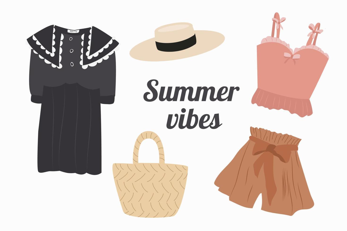 A set of vector illustrations of summer women's fashion clothing. A collection of fashionable clothes for leisure or the beach. Color stylish shoes, dress, hat, sunglasses, swimsuit.