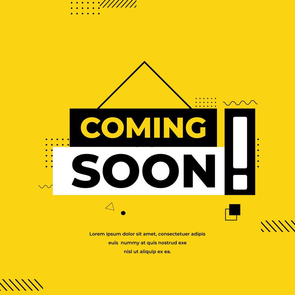 Modern coming soon announcement design vector isolated on yellow background.