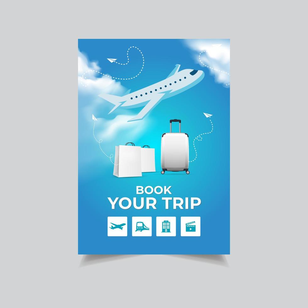 plantilla de diseño de volante de negocios de turismo mundial moderno. Reserve su fondo de diseño de volante de negocios de viaje. fondo de diseño de volante de negocios de cielo azul con avión y maleta. vector