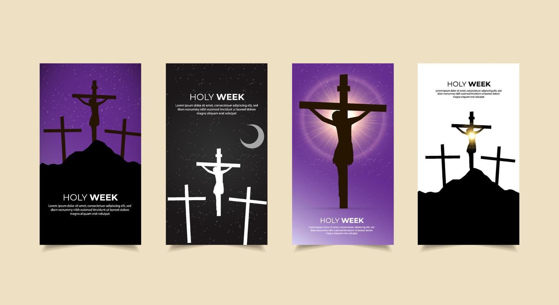 elegante colección de historias de diseño de la semana santa. día de la ascensión de jesucristo historias de plantilla adecuadas para promoción, marketing, etc. fondo de diseño de semana santa con silueta de cruz de jesús brillante vector