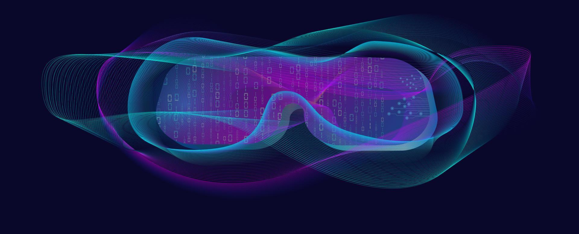 Virtual reality glasses metaverse by virtual data with artificial intelligence analyst. VR experience. vector