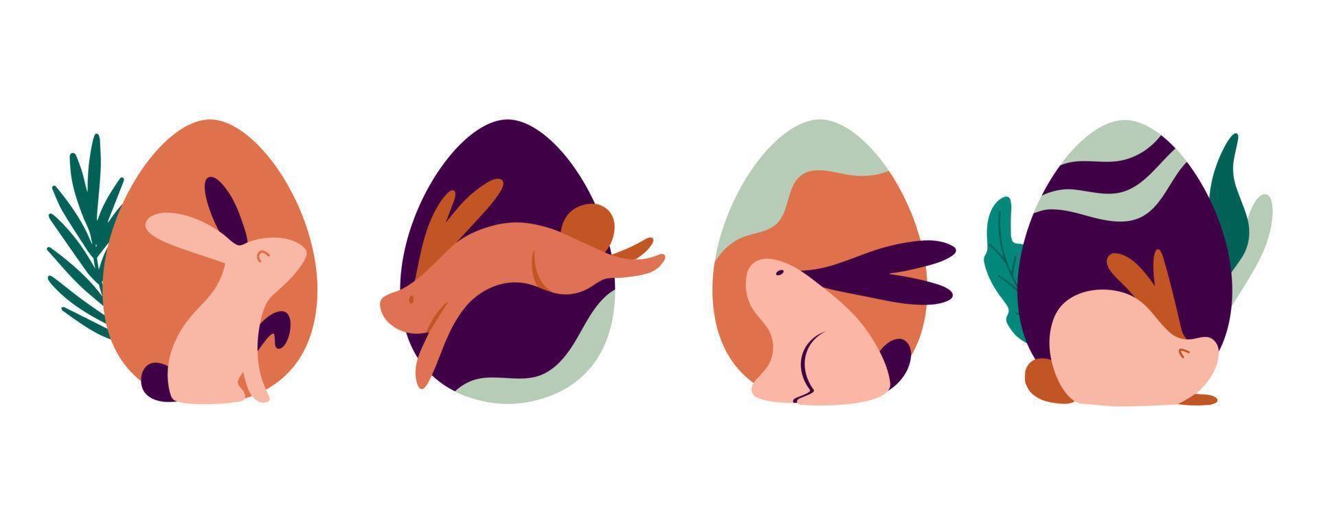 feliz diseño vectorial de conejito de Pascua. conejo con icono de huevo, elemento de decoración. ilustración de estilo boho moderno. aislado sobre fondo blanco. vector