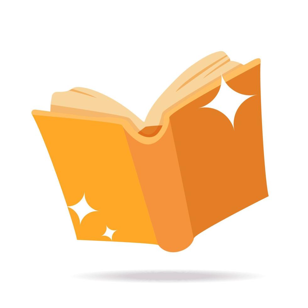 Magic flying book concept. Open book in volume with sparks. Flat vector cartoon illustration.
