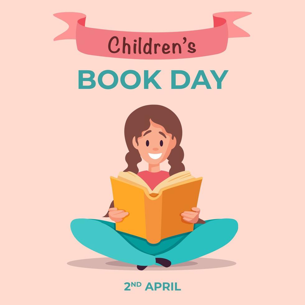 International Children's Book Day design concept. Girl reads book with interest. Cute, flat, simple, Vector Illustration.