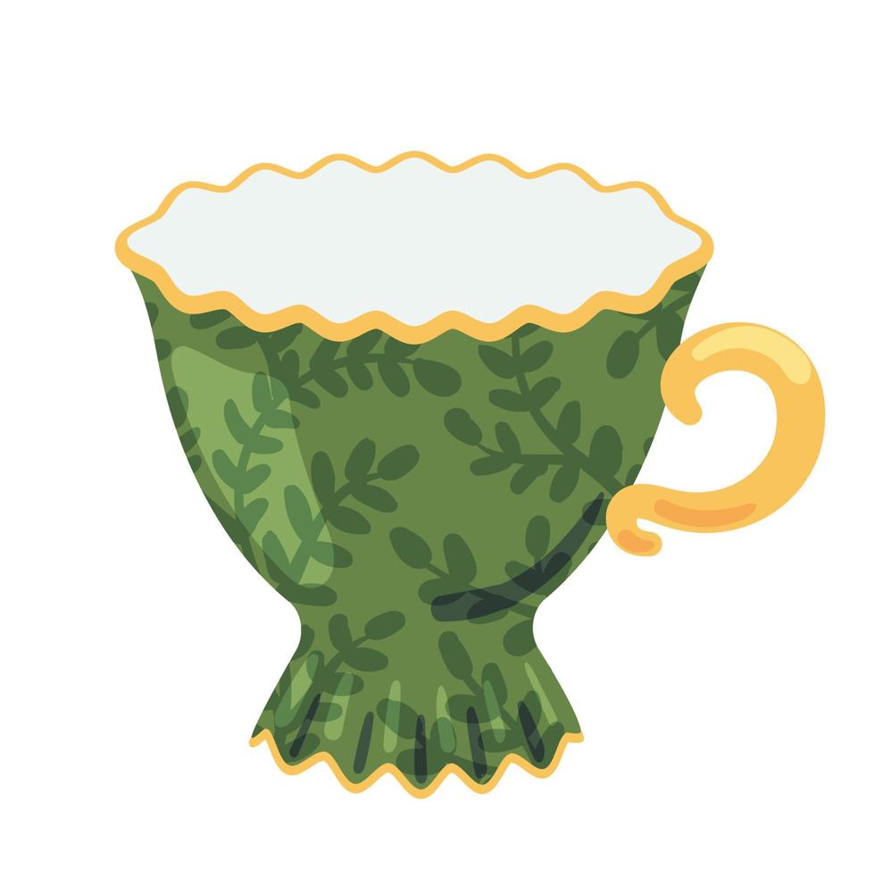 Tea cup side view decorated with design elements flat cartoon illustration. Colored mug hand drawn trendy vector design. Cute trendy crockery with handle for drink isolated on a white background