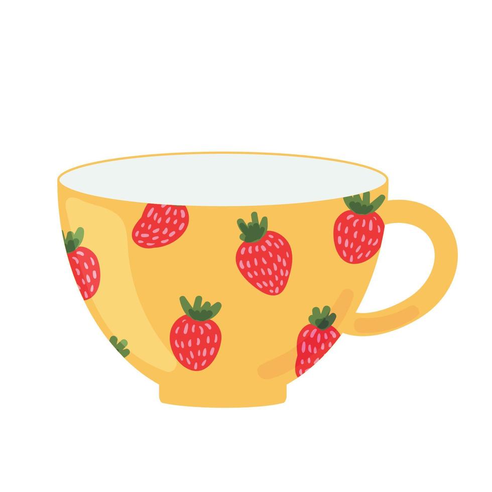 Tea cup side view decorated with design elements flat cartoon illustration. Colored mug hand drawn trendy vector design. Cute trendy crockery with handle for drink isolated on a white background