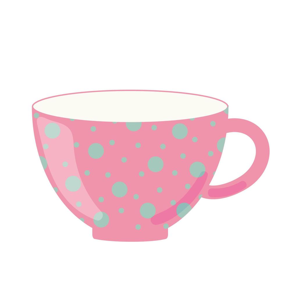 Tea cup side view decorated with design elements flat cartoon illustration. Colored mug hand drawn trendy vector design. Cute trendy crockery with handle for drink isolated on a white background