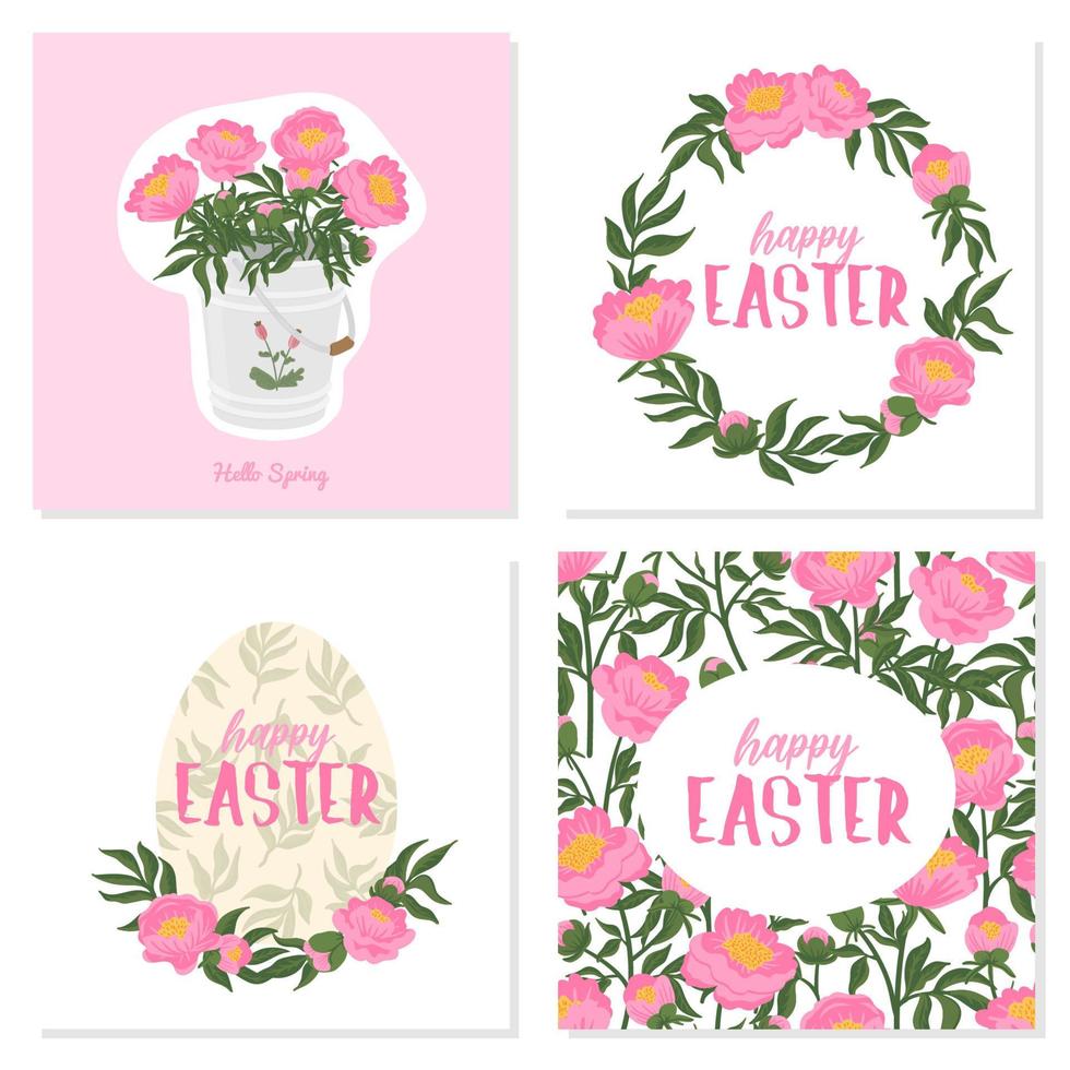 Happy Easter greeting card set, banners collection, posters, holiday covers. Hand-drawn trendy design of Spring flowers. Vector flat cartoon illustration.