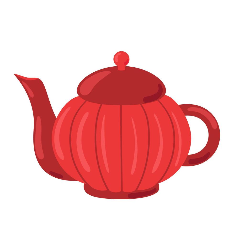 Cute ceramic teapot side view decorated with design elements flat cartoon illustration. Colored tea kettle hand drawn vector design. Kitchen trendy crockery for hot drink isolated on white background