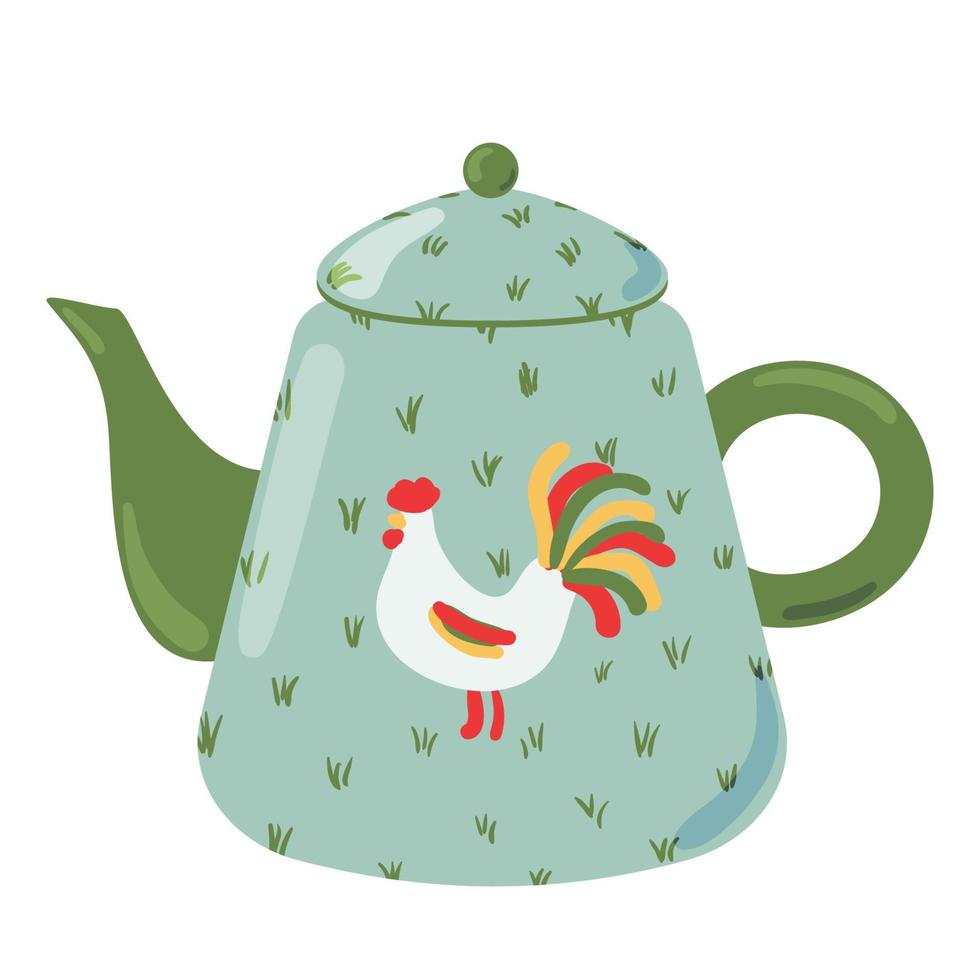 Cute ceramic teapot side view decorated with design elements flat cartoon illustration. Colored tea kettle hand drawn vector design. Kitchen trendy crockery for hot drink isolated on white background