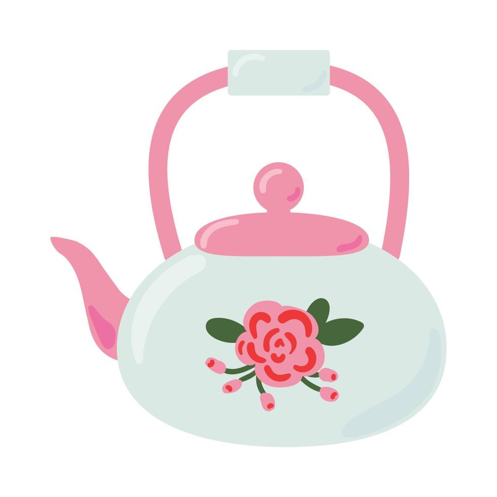 Cute ceramic teapot side view decorated with design elements flat cartoon illustration. Colored tea kettle hand drawn vector design. Kitchen trendy crockery for hot drink isolated on white background