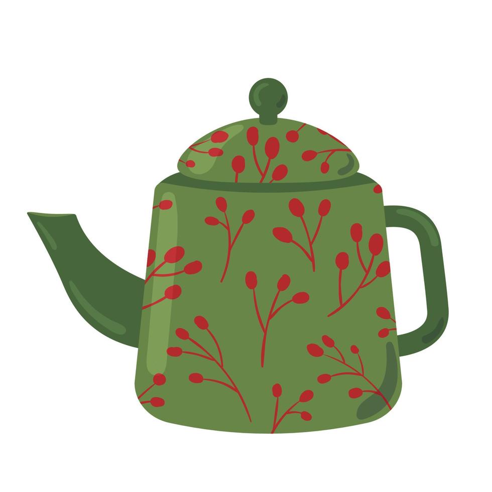 Cute ceramic teapot side view decorated with design elements flat cartoon illustration. Colored tea kettle hand drawn vector design. Kitchen trendy crockery for hot drink isolated on white background