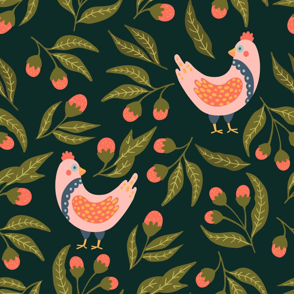 Modern tribal boho patterned small bird and branches with flowers and berries in Folk style inspired by northern mythology and fairy tales seamless pattern. Vector flat cartoon texture background.