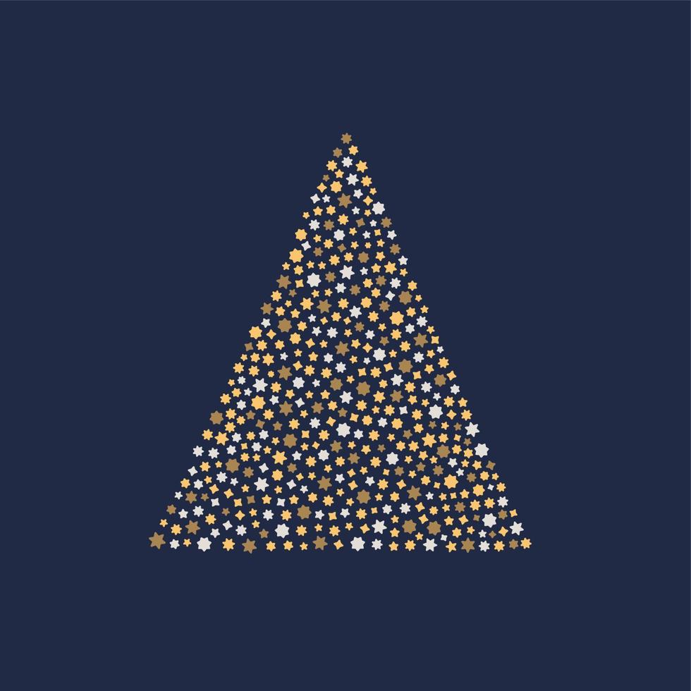 Merry Christmas and Happy New Year. Stylized Christmas tree made of gold stars. Vector illustration in a flat style.