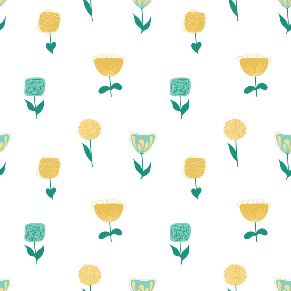 Floral vector seamless pattern. Cute delicate childish background with fabulous flowers. Trendy summer botanical print.