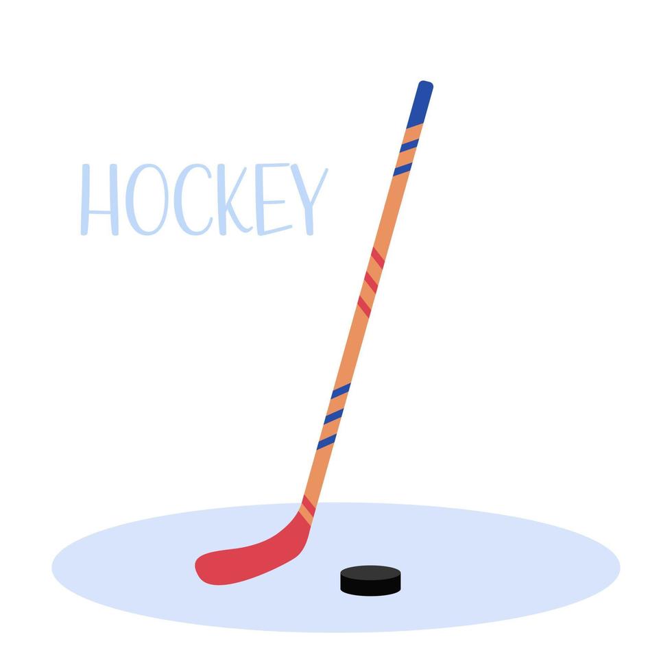 Hockey stick and puck isolated. Vector flat illustration of hockey sport equipment on white background