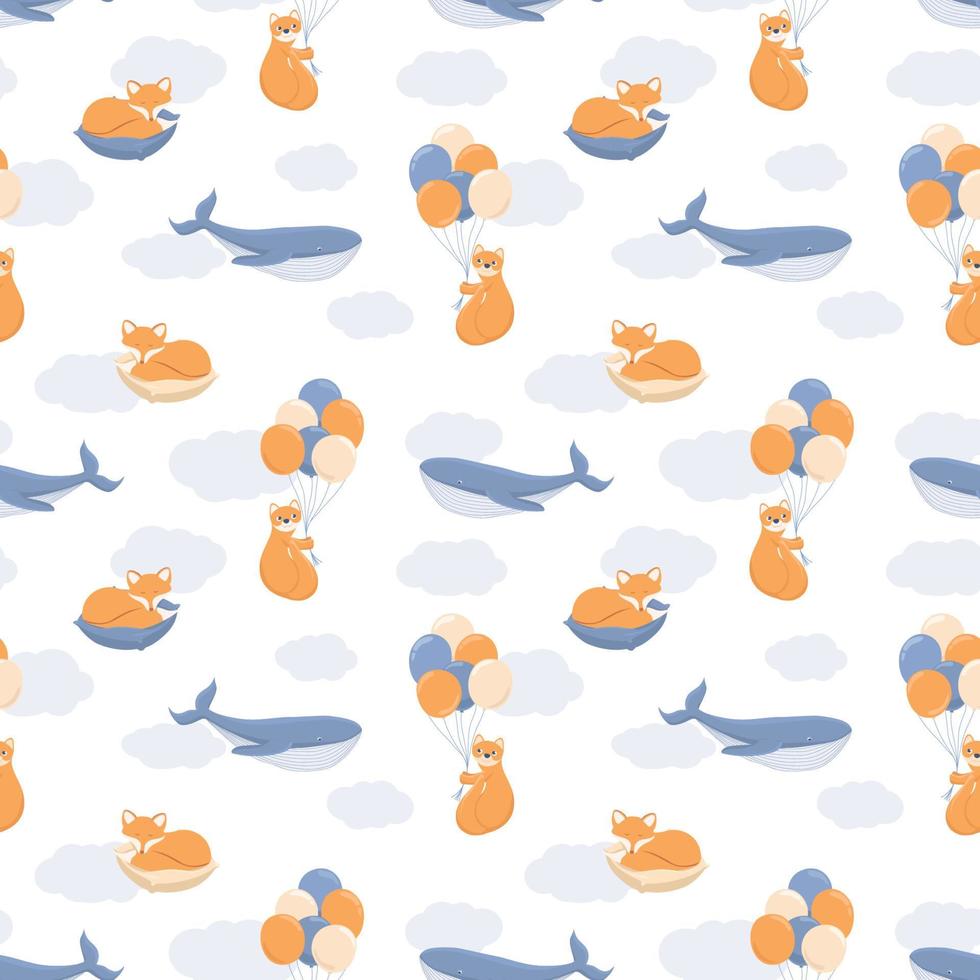 Childish seamless pattern with cute animals. Blue whale, red fox on a pillow, sable on balloons. vector