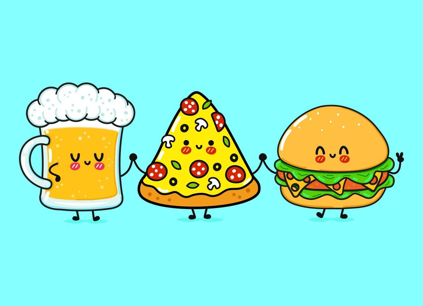 lindo, divertido vaso feliz de cerveza, pizza y hamburguesa. personajes kawaii de dibujos animados dibujados a mano vectorial, icono de ilustración. caricatura divertida vaso de cerveza, pizza y hamburguesa mascota concepto de amigos vector