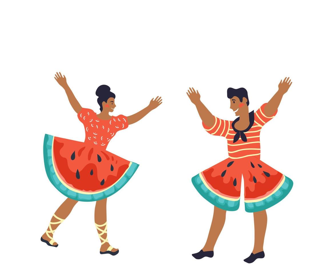 Happy watermelon day's cartoon characters of people dressed in watermelon costumes the flat vector illustration isolated on white background. Summer card or banner design element.