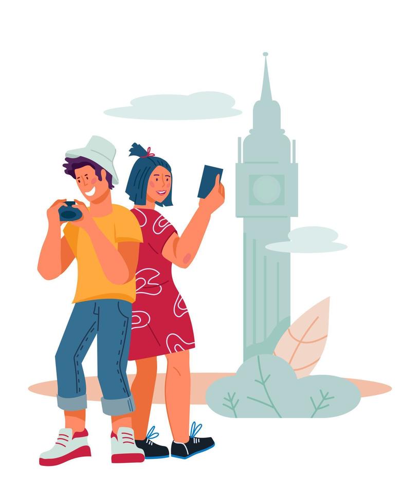 Young travel couple - sightseeing and making selfie on the background of tourist attractions. Tourism and summer holidays abroad, travel and leisure. Vector flat cartoon illustration isolated.