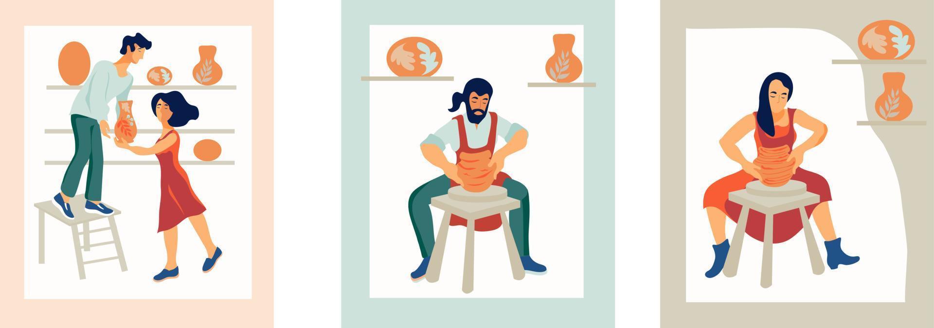 People the ceramists work at a potter's wheel in a ceramic workshop and sale the clay crockery flat vector illustration. Design for master classes and craft shops, logo.