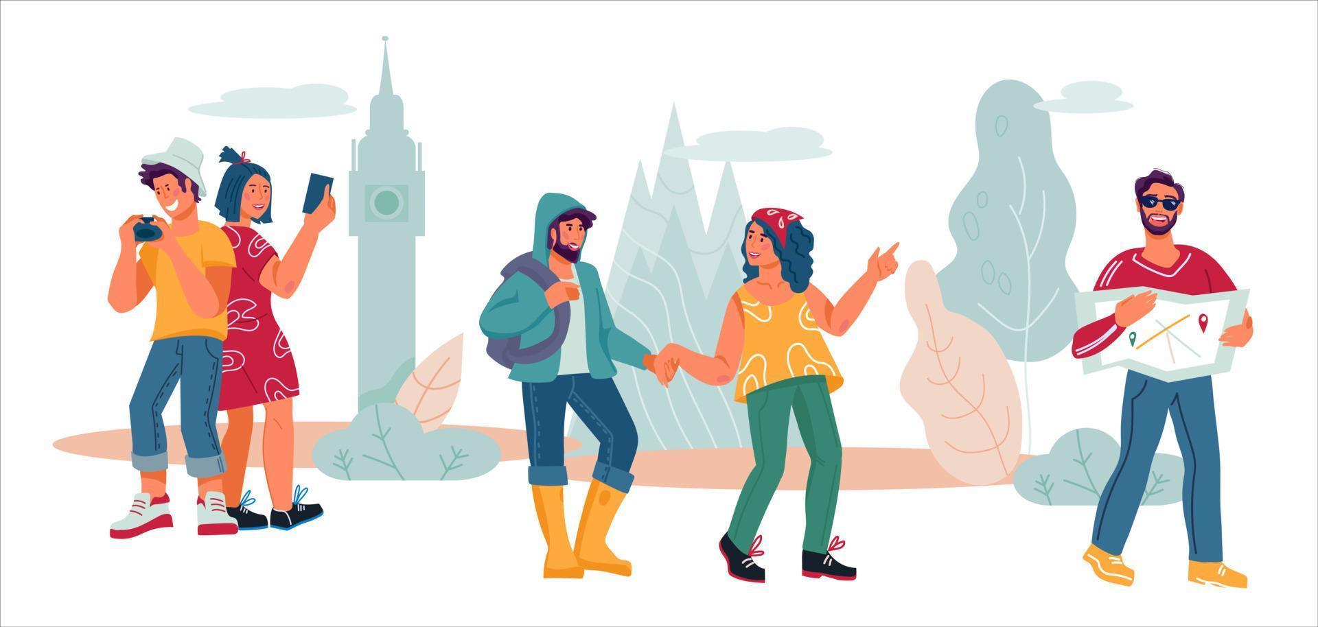 concepto de turismo, viajes y turismo con personajes de dibujos animados de personas que viajan, ilustración vectorial plana aislada. ocio y recreación, actividad vacacional y estilo de vida activo. vector