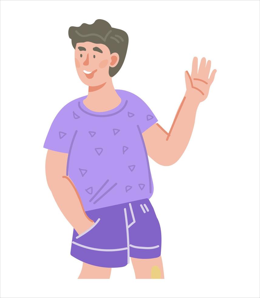 Happy child standing waving hands, flat vector illustration isolated on white. Smiling little boy in casual clothing with greeting hand gesture.