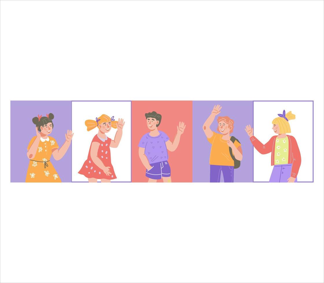 Happy children boys and girls waving hands, flat vector illustration isolated on white background. Smiling little kids in casual clothing with greeting gesture.