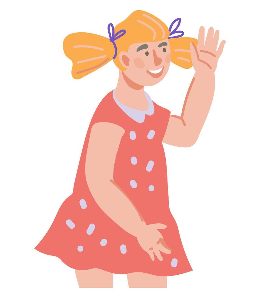 Smiling child girl of elementary school or kindergarten age waving hands, flat vector illustration isolated on white. Cheerful child greeting saying hello with gesture.