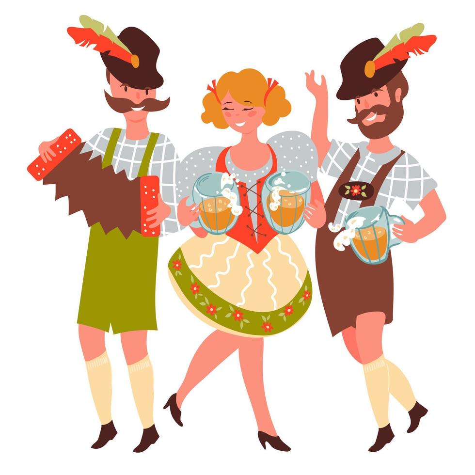 gente disfrazada de alemán con jarras de cerveza oktoberfest ilustración vectorial plana aislada. vector