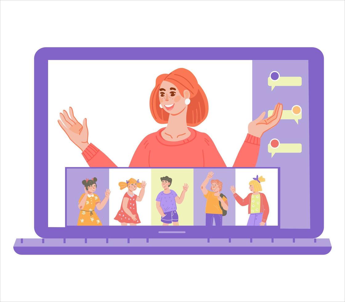 Online class at school or kindergarten with woman teacher and children. Web education, online learning and distance training technology for pupil, flat vector isolated.