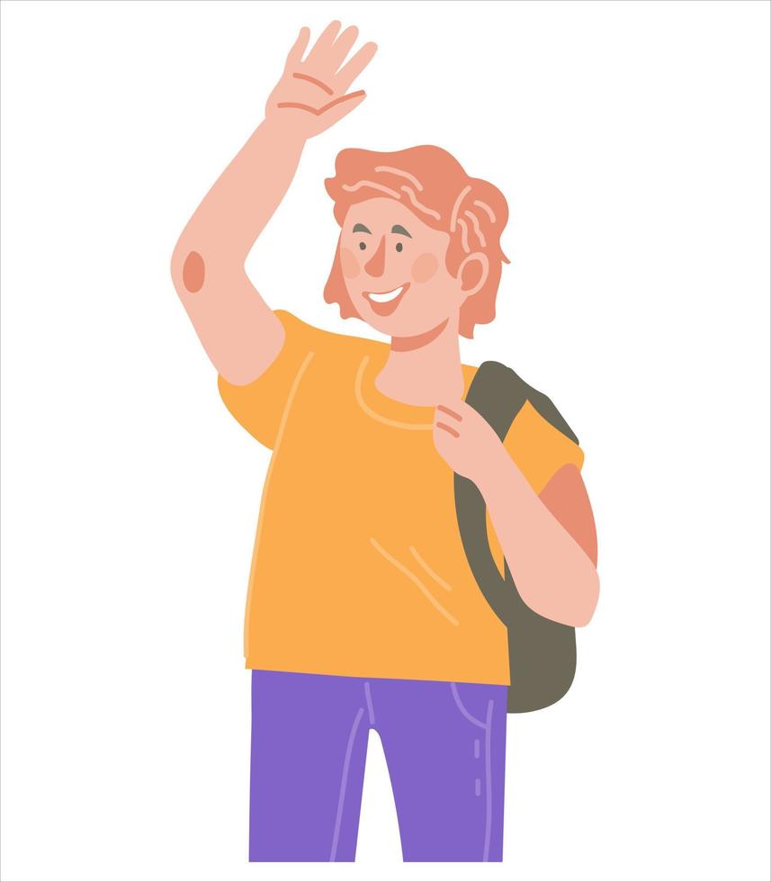 Happy schoolboy smiling waving hands, flat vector illustration isolated on white. Cheerful little boy with backpack with greeting hand gesture.