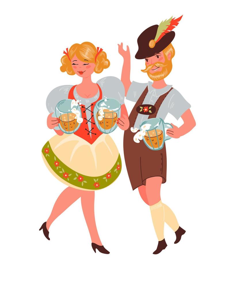 Man and woman in German traditional clothes of waiters with Oktoberfest beer mugs flat vector cartoon characters isolated on white background. Autumn beer festival banner