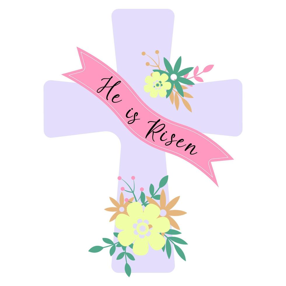 He is risen-easter celebration quote. Religious cross with flowers in pastel colors. Stock vector illustration isolated on white background. Greeting card templates.