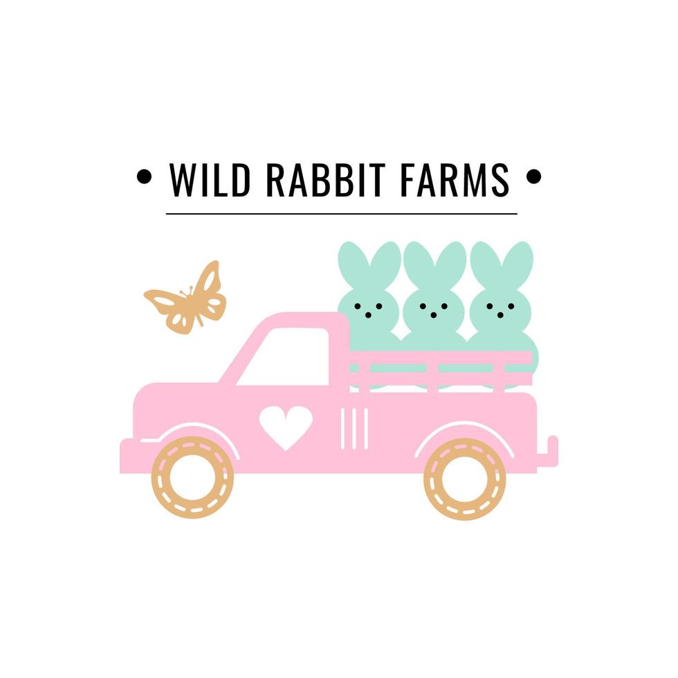 Wild rabbit farms. Bunnies on a holiday truck in pastel colors. Easter celebration vector illustration. Perfect for magazine, book, poster, card, web pages.