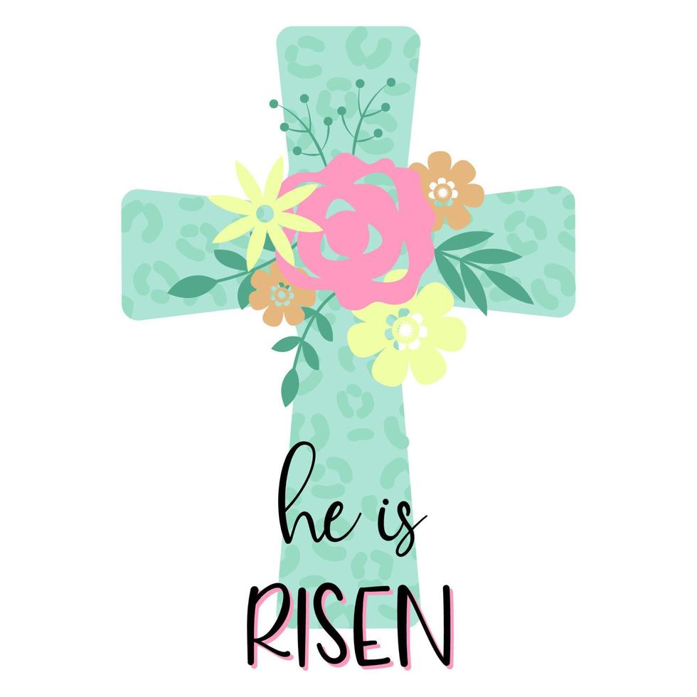 He is risen-easter celebration quote. Religious cross with flowers in pastel colors. Stock vector illustration isolated on white background. Greeting card templates.