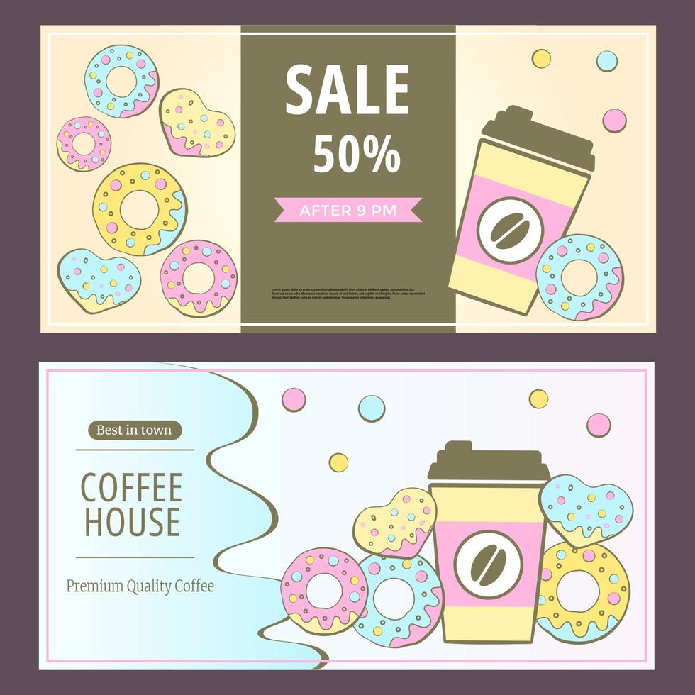 concepto de cafetería. banners horizontales para cafetería, cafetería, cafetería-bar. banner de venta promocional. ilustración vectorial para carteles, pancartas, volantes, publicidad, comerciales. vector