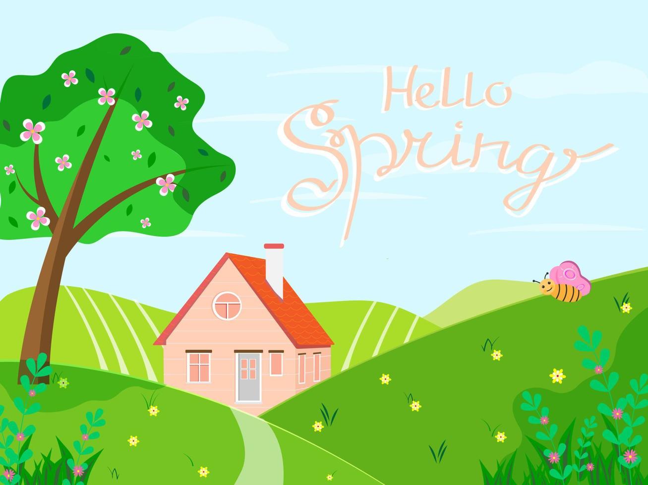 Hello spring. Spring landscape with tree, flowers, house. Seasonal countryside landscape. Vector illustration in flat style