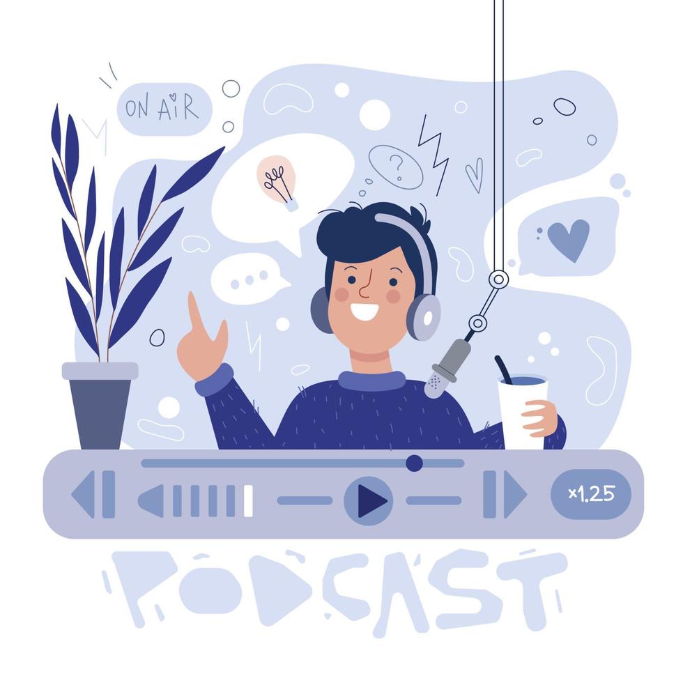Podcast concept illustration.  Webinar, tutorial podcast, live streaming. Young smiling man in headphones with microphone recording audio broadcast. Vector cartoon flat style isolated on white.