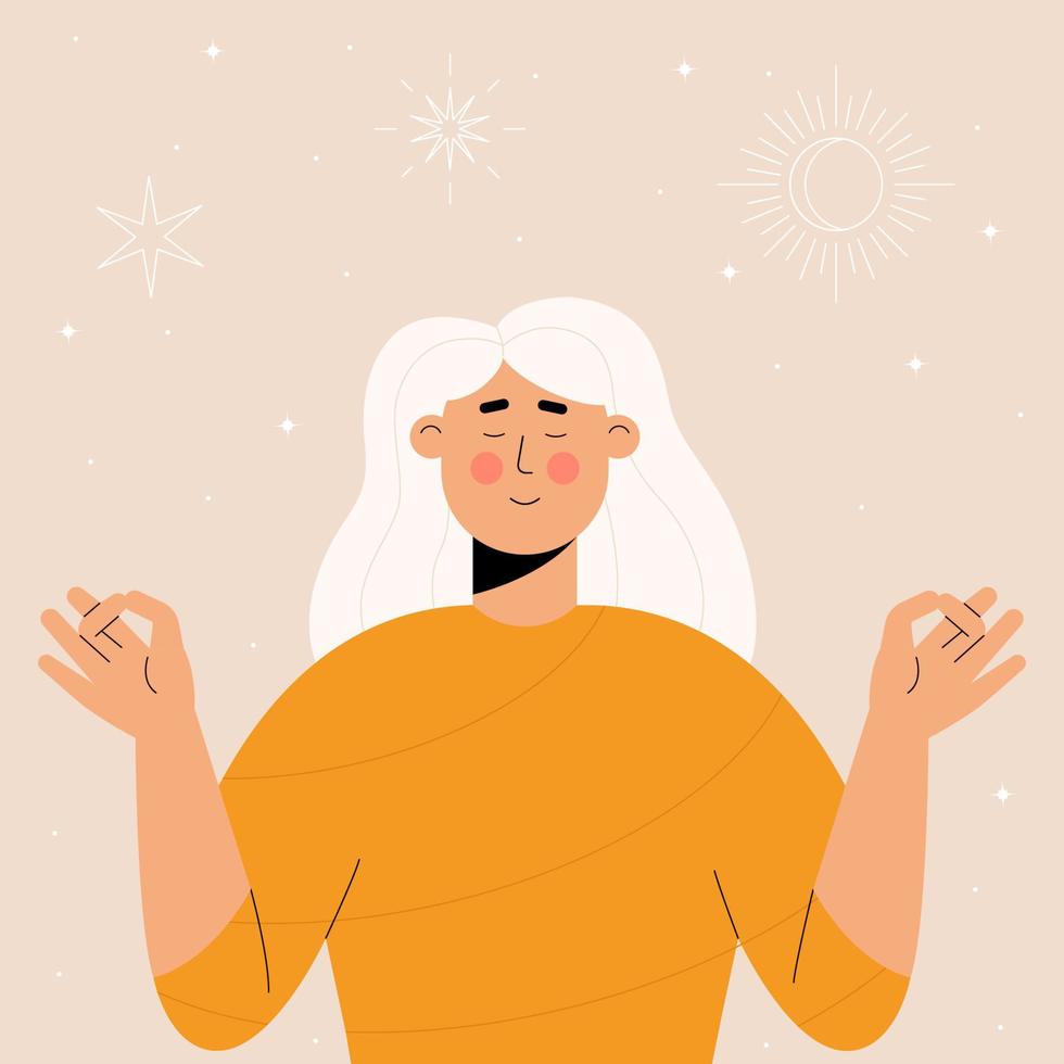 Girl meditating on the background of the stars and moon vector