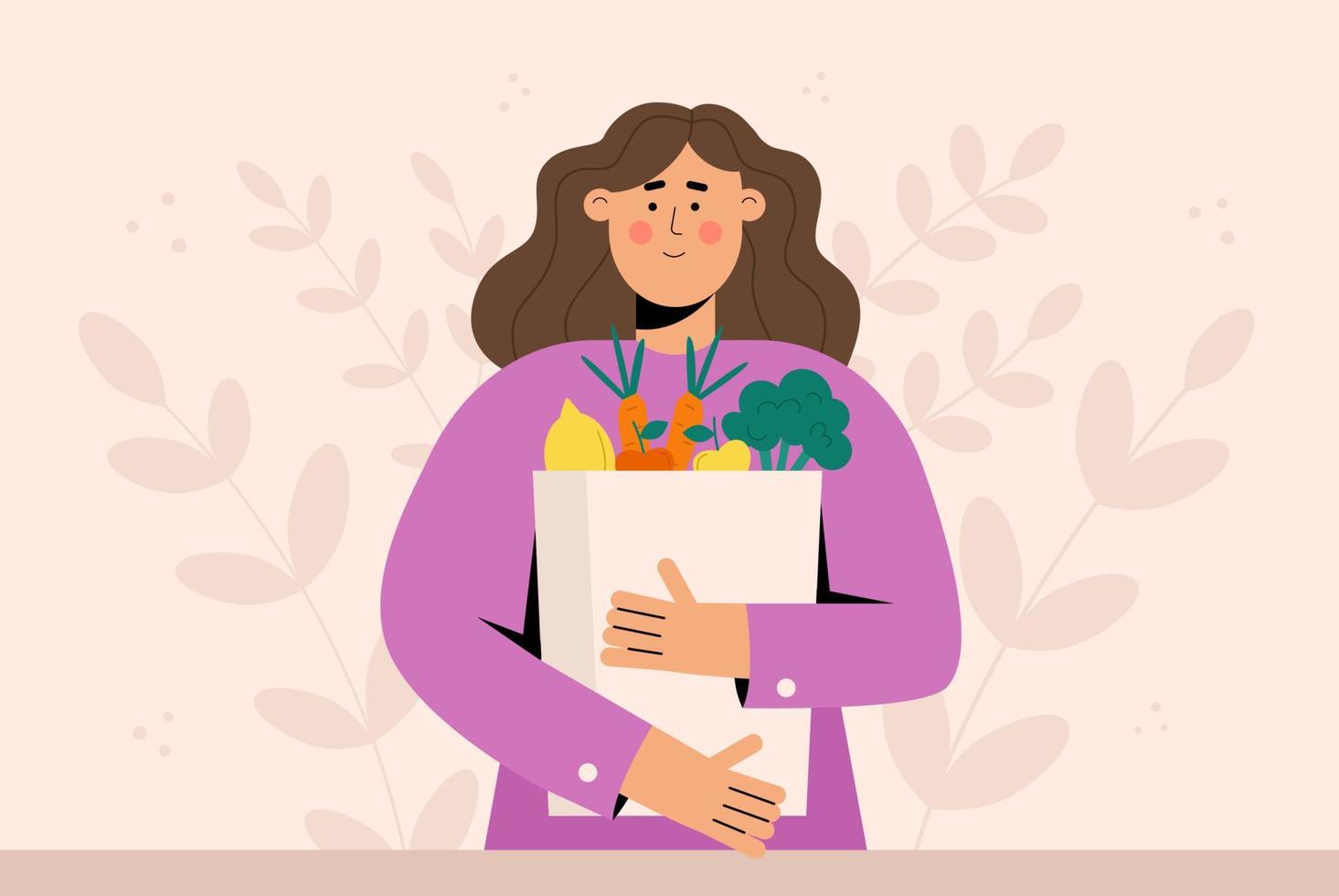 mujer sosteniendo una bolsa de papel con productos saludables vector