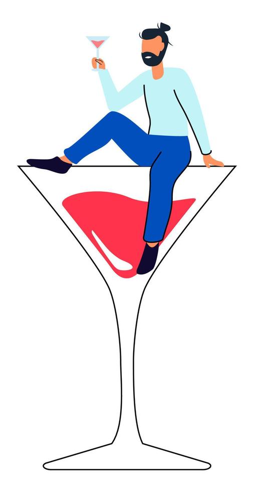 Man on a glass of wine Happy holiday celebration with alcohol drinks festive mood and cheerful atmosphere Drunkard brain Vector illustration for booze problems, alcohol addiction, drunkard concept