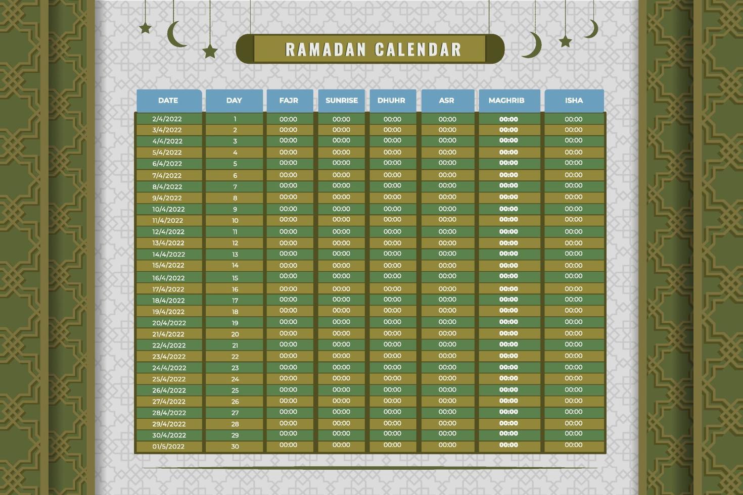 Ramadan Calendar Design Template. Islamic Calendar and Sehri Ifter time Schedule. Hijri islamic calendar 2022 vector