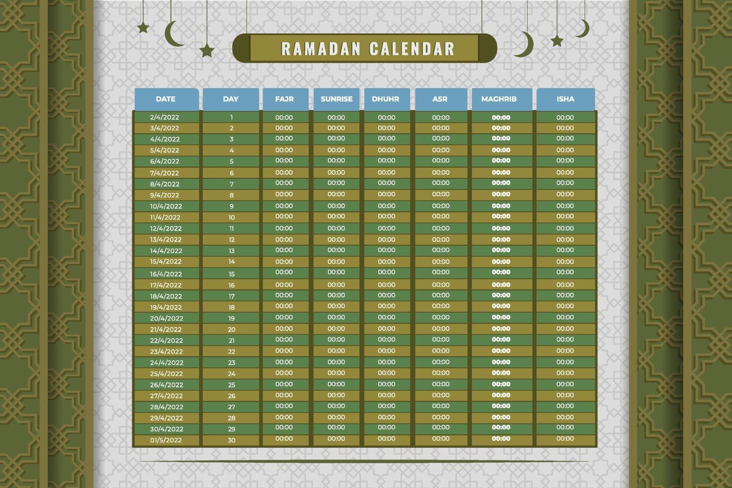 Ramadan Calendar Design Template. Islamic Calendar and Sehri Ifter time Schedule. Hijri islamic calendar 2022 vector