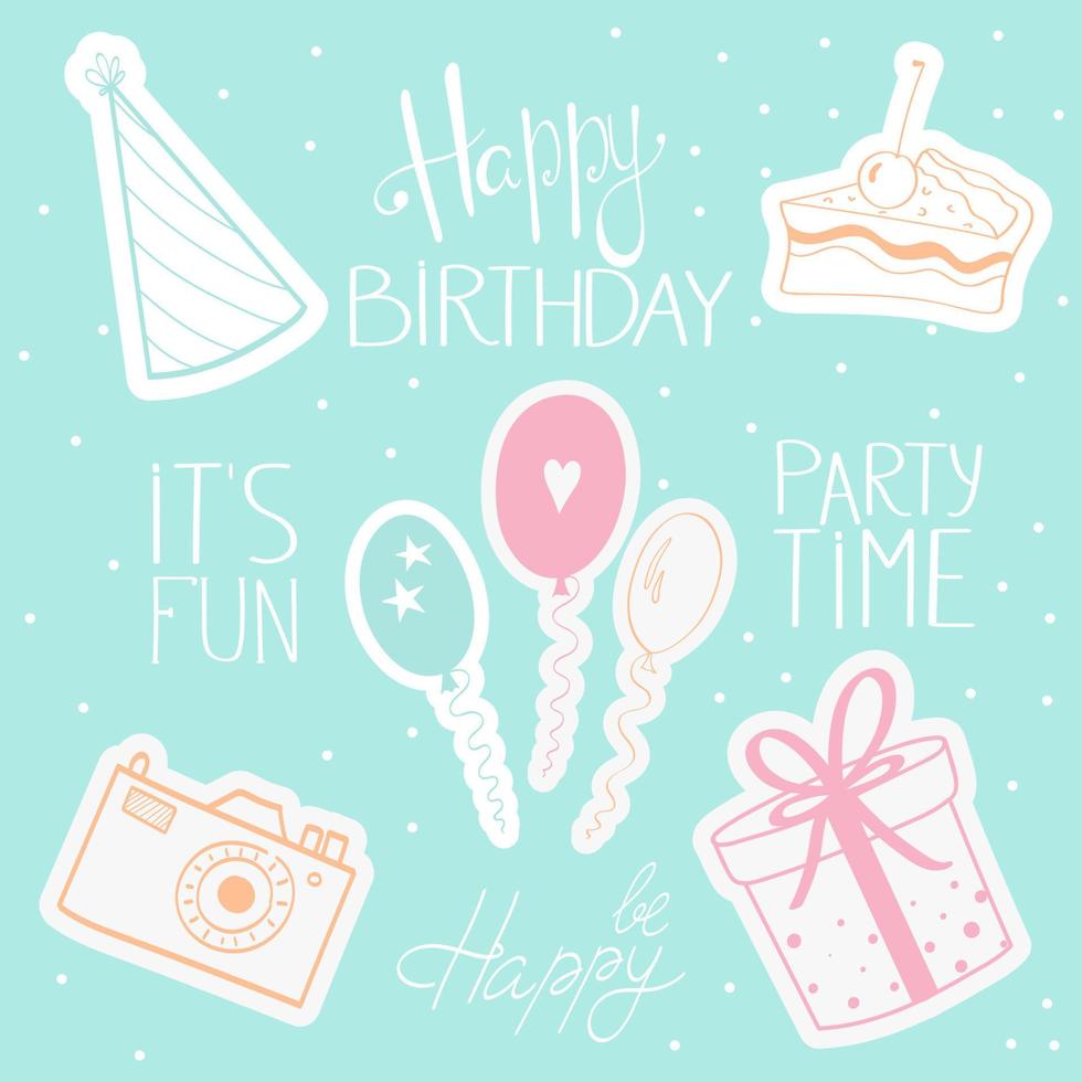 Happy Birthday. Vector set with party elements. Celebration stickers.